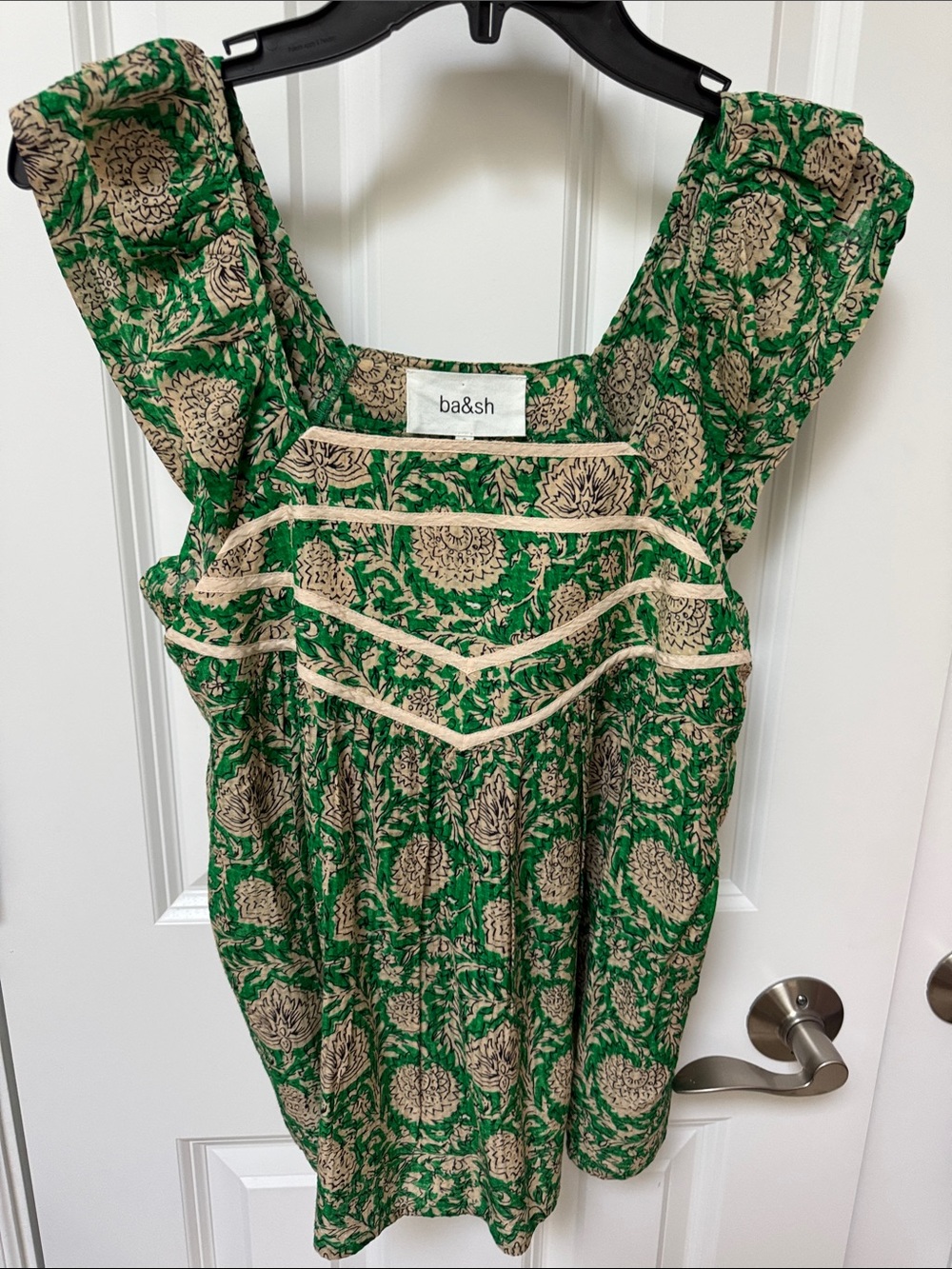 ba&sh Green and Beige Floral Ruffle top